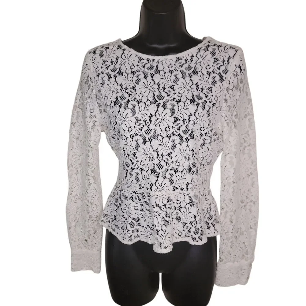 Zara White Lace Deep V Back Peplum Blouse Top Size XS